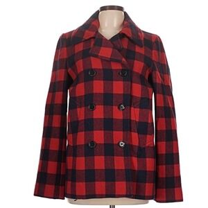J.Crew Red Black Buffalo Plaid Wool Blend Double Breasted Pea Coat Size 10